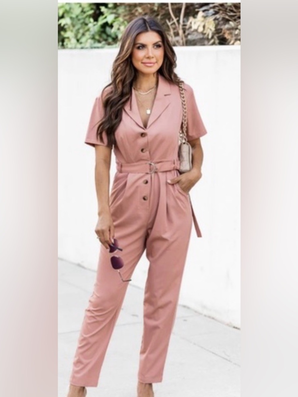 Pink Lily Short-Sleeve Button-Front Belted Jumpsuit - Dusty Rose